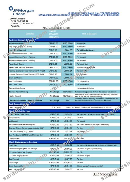 Canada JP Morgan Chase proof of address bank statement template in Excel and PDF format (AutoSum)